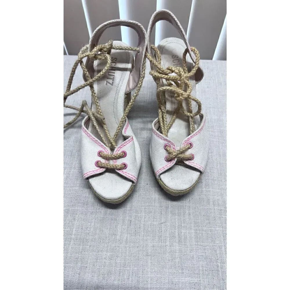 Schutz Women's Brynda Lace Up Espadrille Platform Wedges Cream Pink Size 6.5B